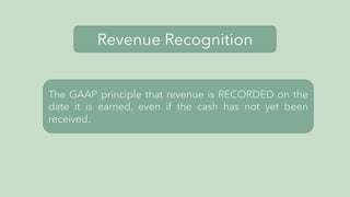 Revenue Recognition
The GAAP principle that revenue is RECORDED on the
date it is earned, even if the cash has not yet been
received.
 