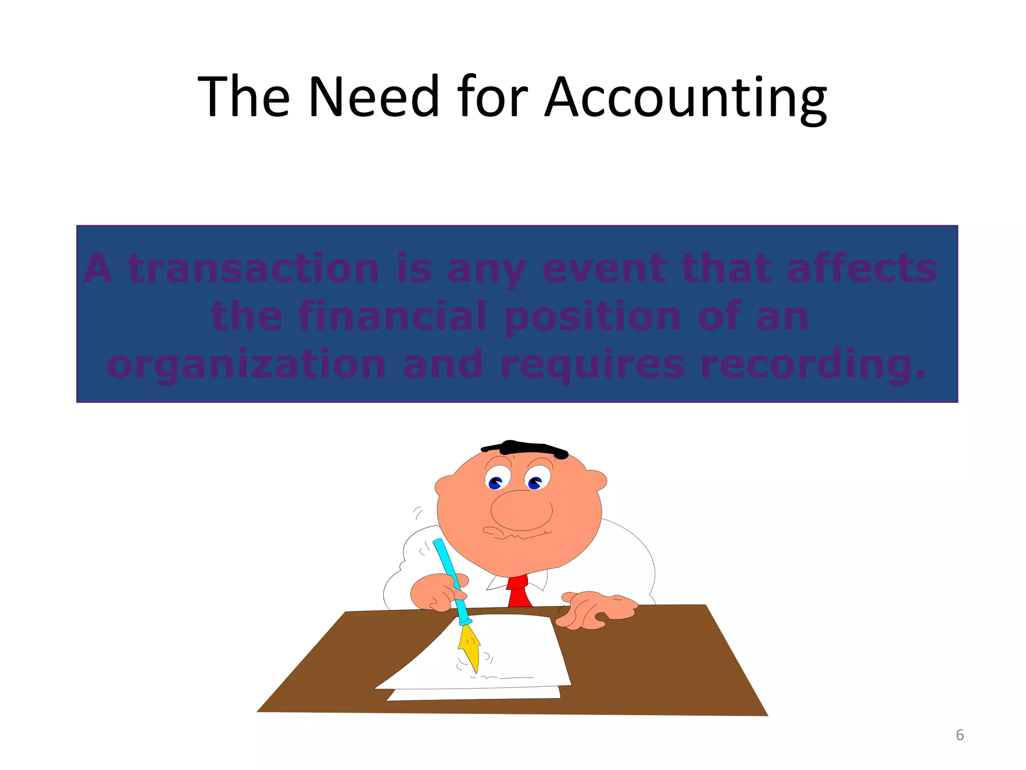 The Need for Accounting
A transaction is any event that affects
the financial position of an
organization and requires recording.
6
 