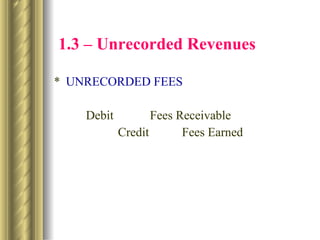   1.3 – Unrecorded Revenues * UNRECORDED FEES Debit Fees Receivable Credit Fees Earned  