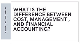 WHAT IS THE
DIFFERENCE BETWEEN
COST, MANAGEMENT ,
AND FINANCIAL
ACCOUNTING?
ACCOUNTINGASSIGNMENT
 
