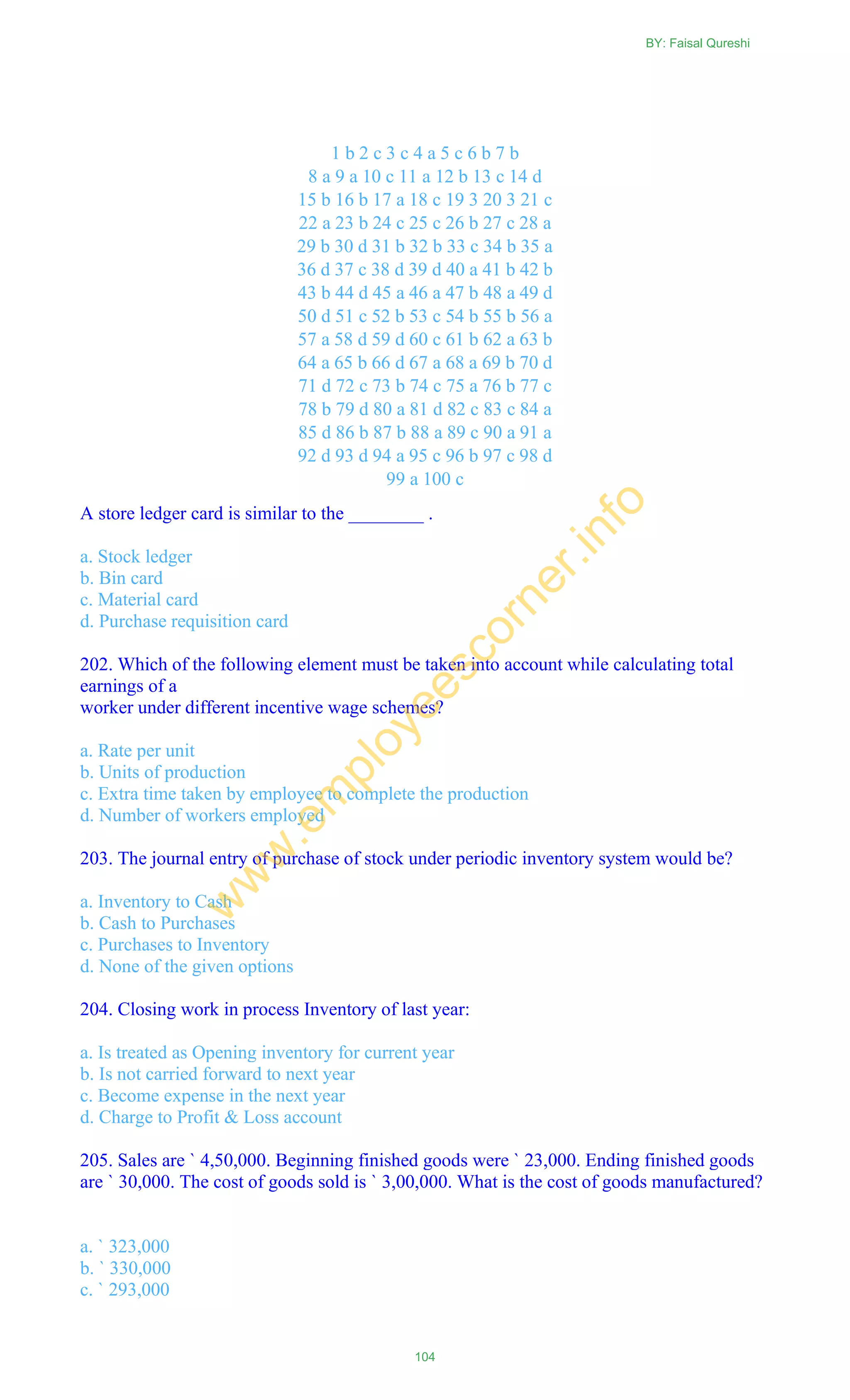 1 b 2 c 3 c 4 a 5 c 6 b 7 b
8 a 9 a 10 c 11 a 12 b 13 c 14 d
15 b 16 b 17 a 18 c 19 3 20 3 21 c
22 a 23 b 24 c 25 c 26 b 27 c 28 a
29 b 30 d 31 b 32 b 33 c 34 b 35 a
36 d 37 c 38 d 39 d 40 a 41 b 42 b
43 b 44 d 45 a 46 a 47 b 48 a 49 d
50 d 51 c 52 b 53 c 54 b 55 b 56 a
57 a 58 d 59 d 60 c 61 b 62 a 63 b
64 a 65 b 66 d 67 a 68 a 69 b 70 d
71 d 72 c 73 b 74 c 75 a 76 b 77 c
78 b 79 d 80 a 81 d 82 c 83 c 84 a
85 d 86 b 87 b 88 a 89 c 90 a 91 a
92 d 93 d 94 a 95 c 96 b 97 c 98 d
99 a 100 c
A store ledger card is similar to the ________ .
a. Stock ledger
b. Bin card
c. Material card
d. Purchase requisition card
202. Which of the following element must be taken into account while calculating total
earnings of a
worker under different incentive wage schemes?
a. Rate per unit
b. Units of production
c. Extra time taken by employee to complete the production
d. Number of workers employed
203. The journal entry of purchase of stock under periodic inventory system would be?
a. Inventory to Cash
b. Cash to Purchases
c. Purchases to Inventory
d. None of the given options
204. Closing work in process Inventory of last year:
a. Is treated as Opening inventory for current year
b. Is not carried forward to next year
c. Become expense in the next year
d. Charge to Profit & Loss account
205. Sales are ` 4,50,000. Beginning finished goods were ` 23,000. Ending finished goods
are ` 30,000. The cost of goods sold is ` 3,00,000. What is the cost of goods manufactured?
a. ` 323,000
b. ` 330,000
c. ` 293,000
BY: Faisal Qureshi
104
w
w
w
.em
ployeescorner.info
 