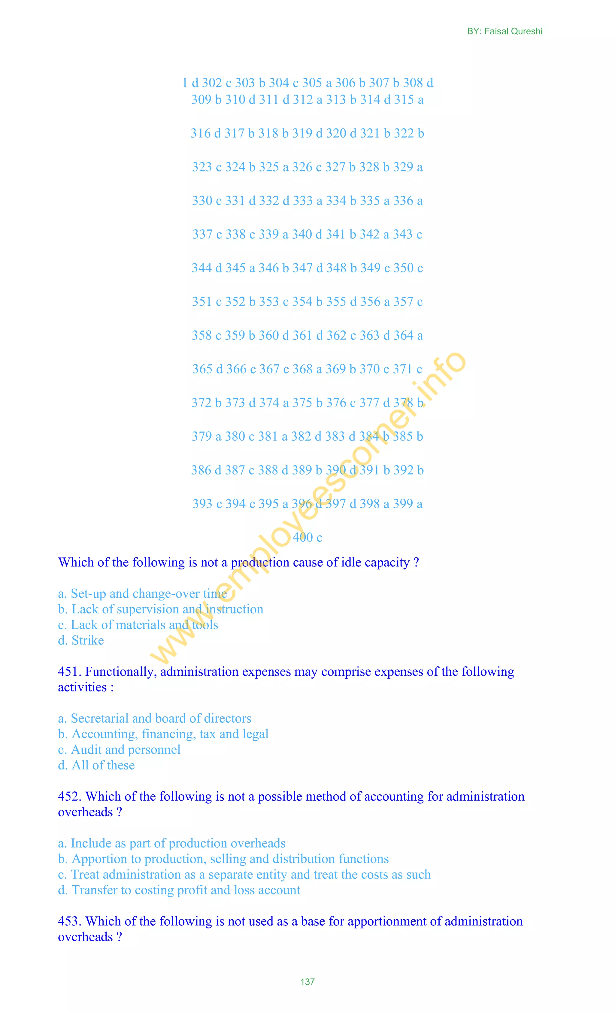 1 d 302 c 303 b 304 c 305 a 306 b 307 b 308 d
309 b 310 d 311 d 312 a 313 b 314 d 315 a
316 d 317 b 318 b 319 d 320 d 321 b 322 b
323 c 324 b 325 a 326 c 327 b 328 b 329 a
330 c 331 d 332 d 333 a 334 b 335 a 336 a
337 c 338 c 339 a 340 d 341 b 342 a 343 c
344 d 345 a 346 b 347 d 348 b 349 c 350 c
351 c 352 b 353 c 354 b 355 d 356 a 357 c
358 c 359 b 360 d 361 d 362 c 363 d 364 a
365 d 366 c 367 c 368 a 369 b 370 c 371 c
372 b 373 d 374 a 375 b 376 c 377 d 378 b
379 a 380 c 381 a 382 d 383 d 384 b 385 b
386 d 387 c 388 d 389 b 390 d 391 b 392 b
393 c 394 c 395 a 396 d 397 d 398 a 399 a
400 c
Which of the following is not a production cause of idle capacity ?
a. Set-up and change-over time
b. Lack of supervision and instruction
c. Lack of materials and tools
d. Strike
451. Functionally, administration expenses may comprise expenses of the following
activities :
a. Secretarial and board of directors
b. Accounting, financing, tax and legal
c. Audit and personnel
d. All of these
452. Which of the following is not a possible method of accounting for administration
overheads ?
a. Include as part of production overheads
b. Apportion to production, selling and distribution functions
c. Treat administration as a separate entity and treat the costs as such
d. Transfer to costing profit and loss account
453. Which of the following is not used as a base for apportionment of administration
overheads ?
BY: Faisal Qureshi
137
w
w
w
.em
ployeescorner.info
 