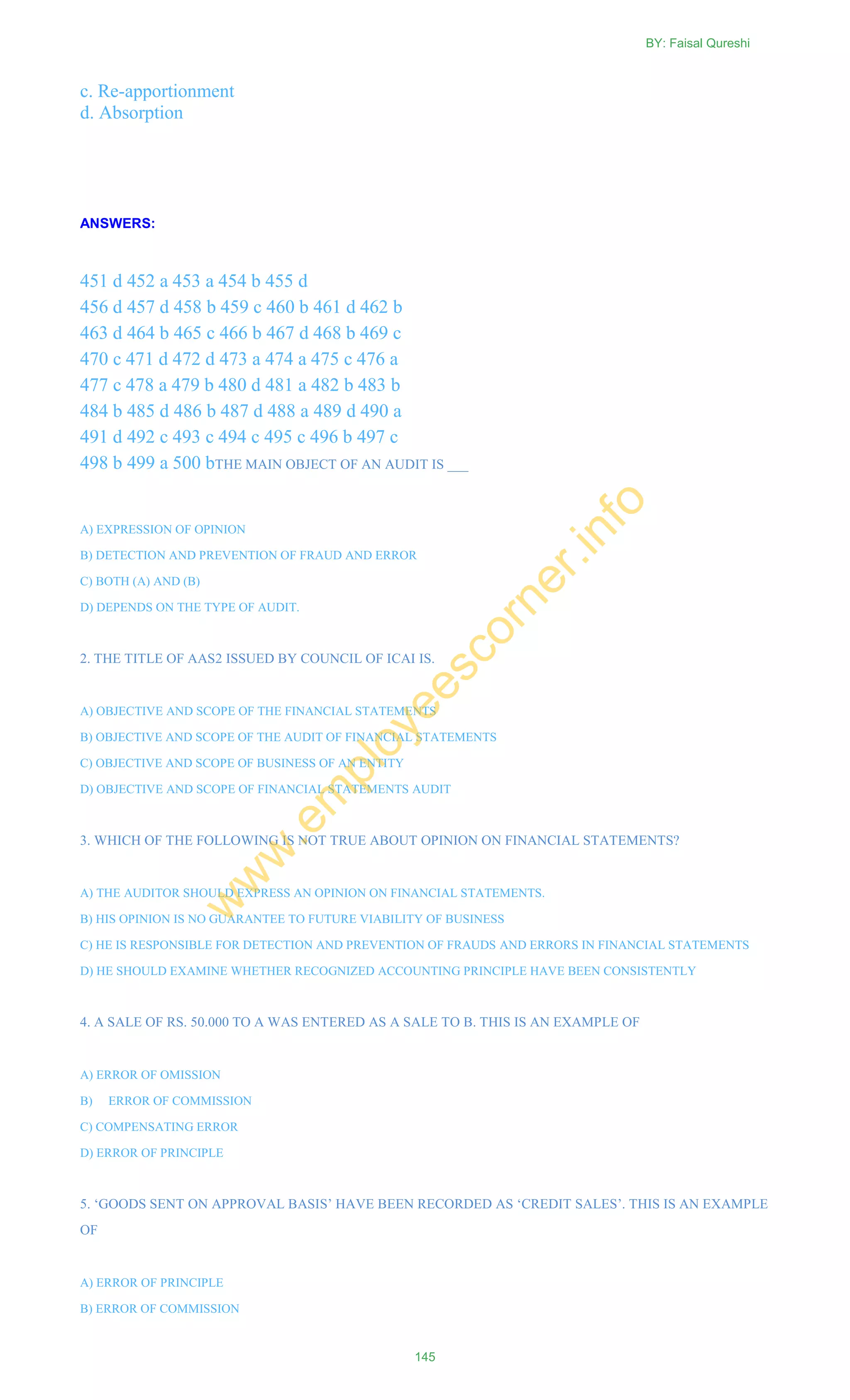 c. Re-apportionment
d. Absorption
ANSWERS:
451 d 452 a 453 a 454 b 455 d
456 d 457 d 458 b 459 c 460 b 461 d 462 b
463 d 464 b 465 c 466 b 467 d 468 b 469 c
470 c 471 d 472 d 473 a 474 a 475 c 476 a
477 c 478 a 479 b 480 d 481 a 482 b 483 b
484 b 485 d 486 b 487 d 488 a 489 d 490 a
491 d 492 c 493 c 494 c 495 c 496 b 497 c
498 b 499 a 500 bTHE MAIN OBJECT OF AN AUDIT IS ___
A) EXPRESSION OF OPINION
B) DETECTION AND PREVENTION OF FRAUD AND ERROR
C) BOTH (A) AND (B)
D) DEPENDS ON THE TYPE OF AUDIT.
2. THE TITLE OF AAS2 ISSUED BY COUNCIL OF ICAI IS.
A) OBJECTIVE AND SCOPE OF THE FINANCIAL STATEMENTS
B) OBJECTIVE AND SCOPE OF THE AUDIT OF FINANCIAL STATEMENTS
C) OBJECTIVE AND SCOPE OF BUSINESS OF AN ENTITY
D) OBJECTIVE AND SCOPE OF FINANCIAL STATEMENTS AUDIT
3. WHICH OF THE FOLLOWING IS NOT TRUE ABOUT OPINION ON FINANCIAL STATEMENTS?
A) THE AUDITOR SHOULD EXPRESS AN OPINION ON FINANCIAL STATEMENTS.
B) HIS OPINION IS NO GUARANTEE TO FUTURE VIABILITY OF BUSINESS
C) HE IS RESPONSIBLE FOR DETECTION AND PREVENTION OF FRAUDS AND ERRORS IN FINANCIAL STATEMENTS
D) HE SHOULD EXAMINE WHETHER RECOGNIZED ACCOUNTING PRINCIPLE HAVE BEEN CONSISTENTLY
4. A SALE OF RS. 50.000 TO A WAS ENTERED AS A SALE TO B. THIS IS AN EXAMPLE OF
A) ERROR OF OMISSION
B) ERROR OF COMMISSION
C) COMPENSATING ERROR
D) ERROR OF PRINCIPLE
5. ‗GOODS SENT ON APPROVAL BASIS‘ HAVE BEEN RECORDED AS ‗CREDIT SALES‘. THIS IS AN EXAMPLE
OF
A) ERROR OF PRINCIPLE
B) ERROR OF COMMISSION
BY: Faisal Qureshi
145
w
w
w
.em
ployeescorner.info
 
