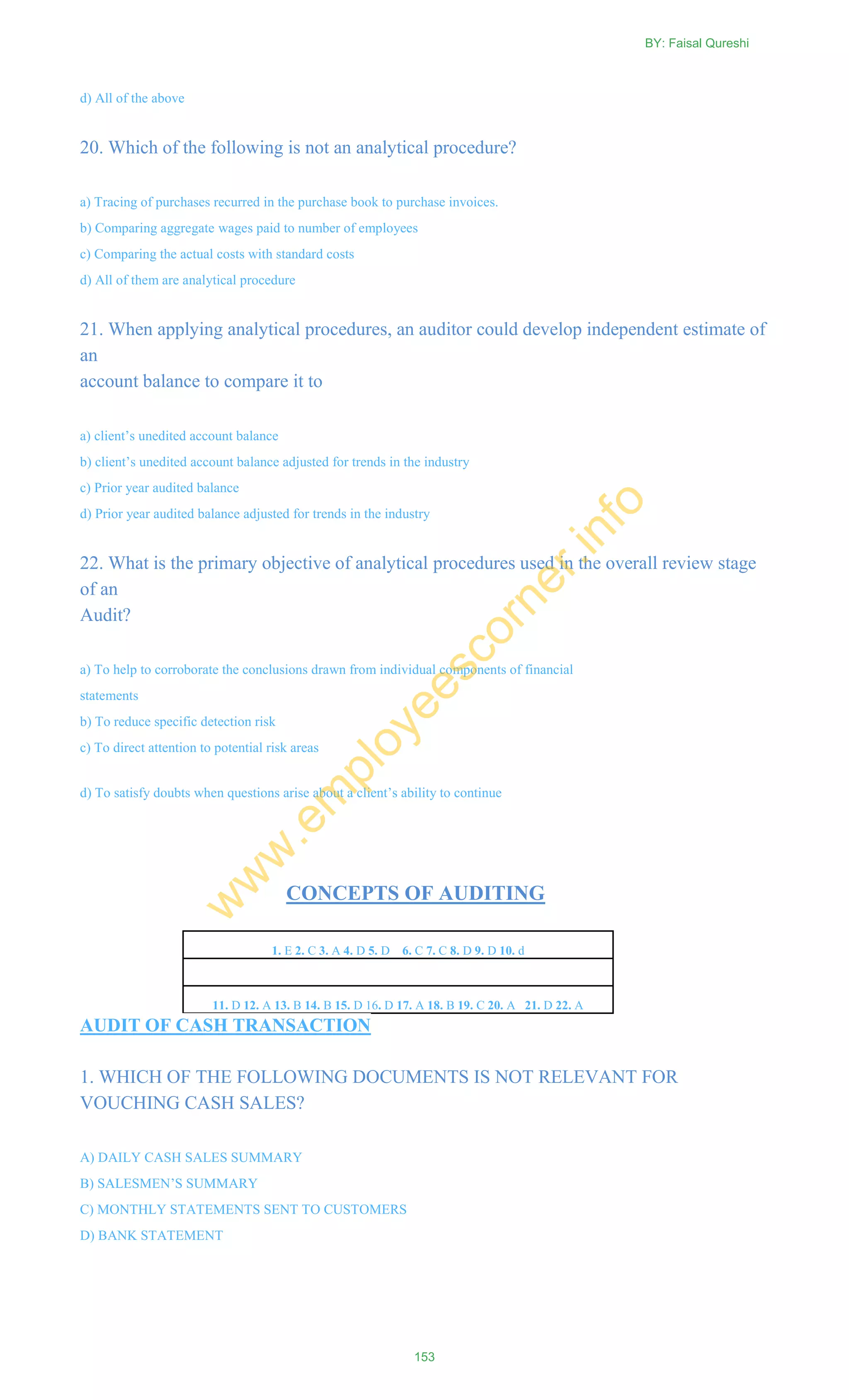 d) All of the above
20. Which of the following is not an analytical procedure?
a) Tracing of purchases recurred in the purchase book to purchase invoices.
b) Comparing aggregate wages paid to number of employees
c) Comparing the actual costs with standard costs
d) All of them are analytical procedure
21. When applying analytical procedures, an auditor could develop independent estimate of
an
account balance to compare it to
a) client‘s unedited account balance
b) client‘s unedited account balance adjusted for trends in the industry
c) Prior year audited balance
d) Prior year audited balance adjusted for trends in the industry
22. What is the primary objective of analytical procedures used in the overall review stage
of an
Audit?
a) To help to corroborate the conclusions drawn from individual components of financial
statements
b) To reduce specific detection risk
c) To direct attention to potential risk areas
d) To satisfy doubts when questions arise about a client‘s ability to continue
CONCEPTS OF AUDITING
1. E 2. C 3. A 4. D 5. D 6. C 7. C 8. D 9. D 10. d
11. D 12. A 13. B 14. B 15. D 16. D 17. A 18. B 19. C 20. A 21. D 22. A
AUDIT OF CASH TRANSACTION
1. WHICH OF THE FOLLOWING DOCUMENTS IS NOT RELEVANT FOR
VOUCHING CASH SALES?
A) DAILY CASH SALES SUMMARY
B) SALESMEN‘S SUMMARY
C) MONTHLY STATEMENTS SENT TO CUSTOMERS
D) BANK STATEMENT
BY: Faisal Qureshi
153
w
w
w
.em
ployeescorner.info
 