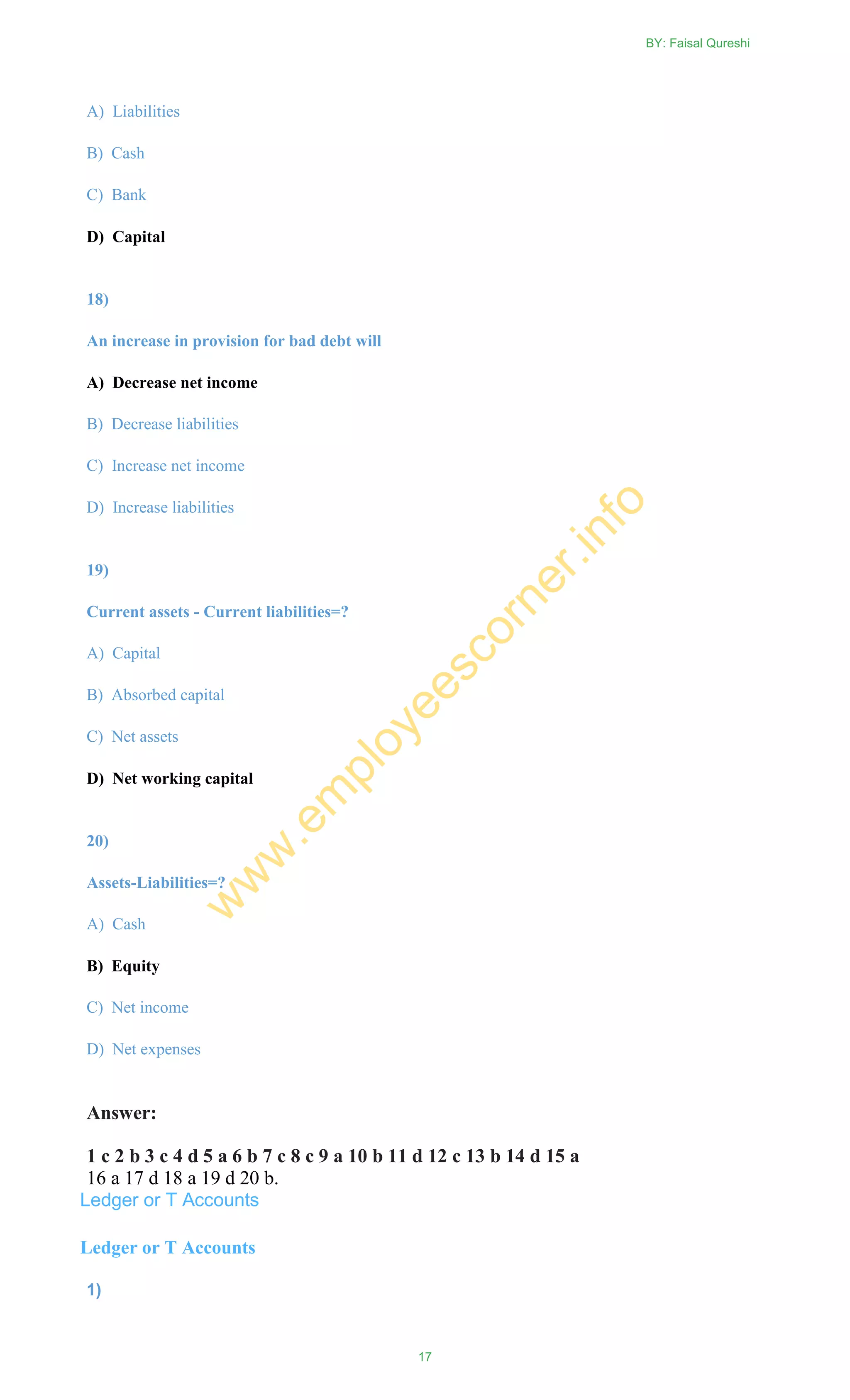 A) Liabilities
B) Cash
C) Bank
D) Capital
18)
An increase in provision for bad debt will
A) Decrease net income
B) Decrease liabilities
C) Increase net income
D) Increase liabilities
19)
Current assets - Current liabilities=?
A) Capital
B) Absorbed capital
C) Net assets
D) Net working capital
20)
Assets-Liabilities=?
A) Cash
B) Equity
C) Net income
D) Net expenses
Answer:
1 c 2 b 3 c 4 d 5 a 6 b 7 c 8 c 9 a 10 b 11 d 12 c 13 b 14 d 15 a
16 a 17 d 18 a 19 d 20 b.
Ledger or T Accounts
Ledger or T Accounts
1)
BY: Faisal Qureshi
17
w
w
w
.em
ployeescorner.info
 
