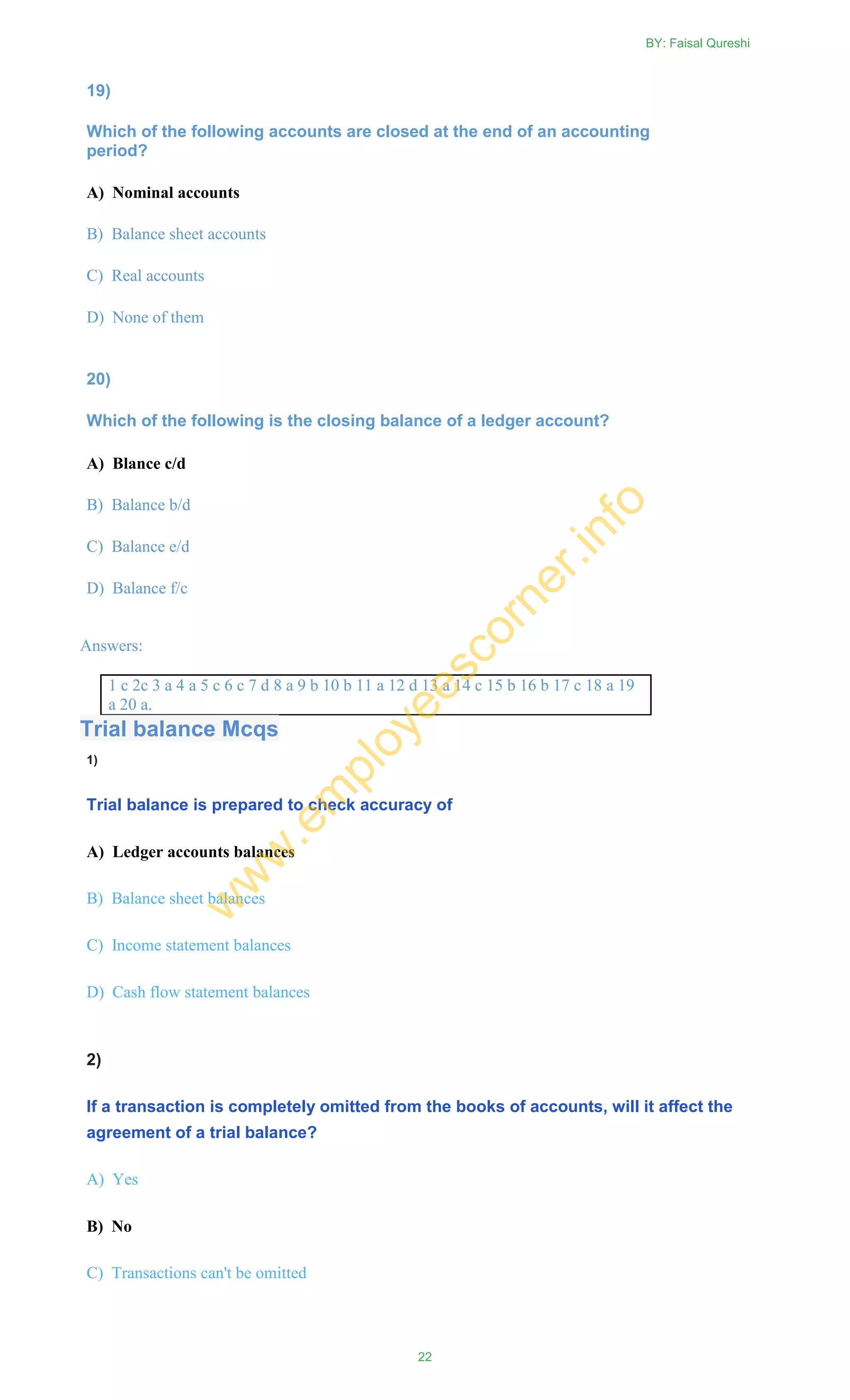 19)
Which of the following accounts are closed at the end of an accounting
period?
A) Nominal accounts
B) Balance sheet accounts
C) Real accounts
D) None of them
20)
Which of the following is the closing balance of a ledger account?
A) Blance c/d
B) Balance b/d
C) Balance e/d
D) Balance f/c
Answers:
1 c 2c 3 a 4 a 5 c 6 c 7 d 8 a 9 b 10 b 11 a 12 d 13 a 14 c 15 b 16 b 17 c 18 a 19
a 20 a.
Trial balance Mcqs
1)
Trial balance is prepared to check accuracy of
A) Ledger accounts balances
B) Balance sheet balances
C) Income statement balances
D) Cash flow statement balances
2)
If a transaction is completely omitted from the books of accounts, will it affect the
agreement of a trial balance?
A) Yes
B) No
C) Transactions can't be omitted
BY: Faisal Qureshi
22
w
w
w
.em
ployeescorner.info
 