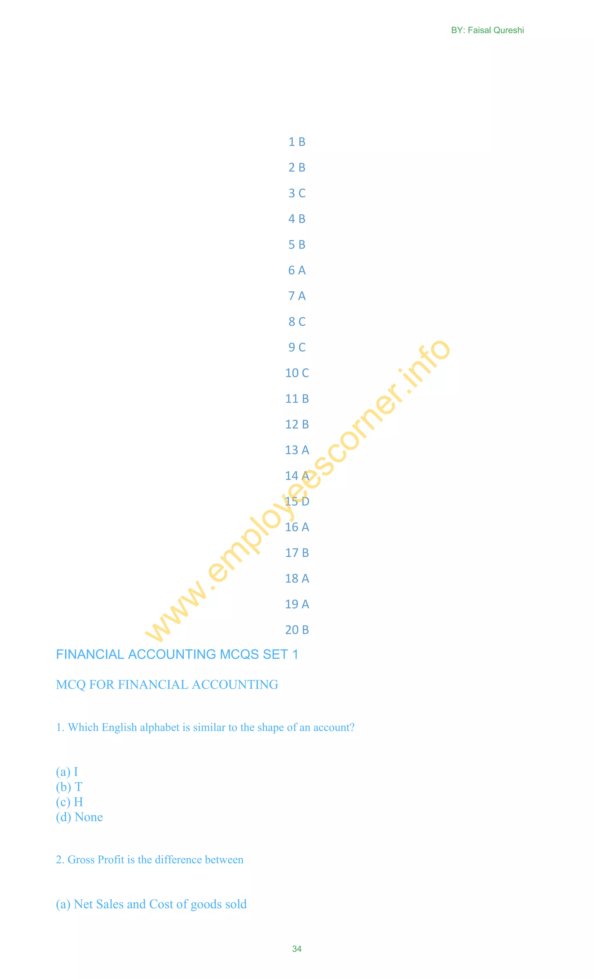 1 B
2 B
3 C
4 B
5 B
6 A
7 A
8 C
9 C
10 C
11 B
12 B
13 A
14 A
15 D
16 A
17 B
18 A
19 A
20 B
FINANCIAL ACCOUNTING MCQS SET 1
MCQ FOR FINANCIAL ACCOUNTING
1. Which English alphabet is similar to the shape of an account?
(a) I
(b) T
(c) H
(d) None
2. Gross Profit is the difference between
(a) Net Sales and Cost of goods sold
BY: Faisal Qureshi
34
w
w
w
.em
ployeescorner.info
 