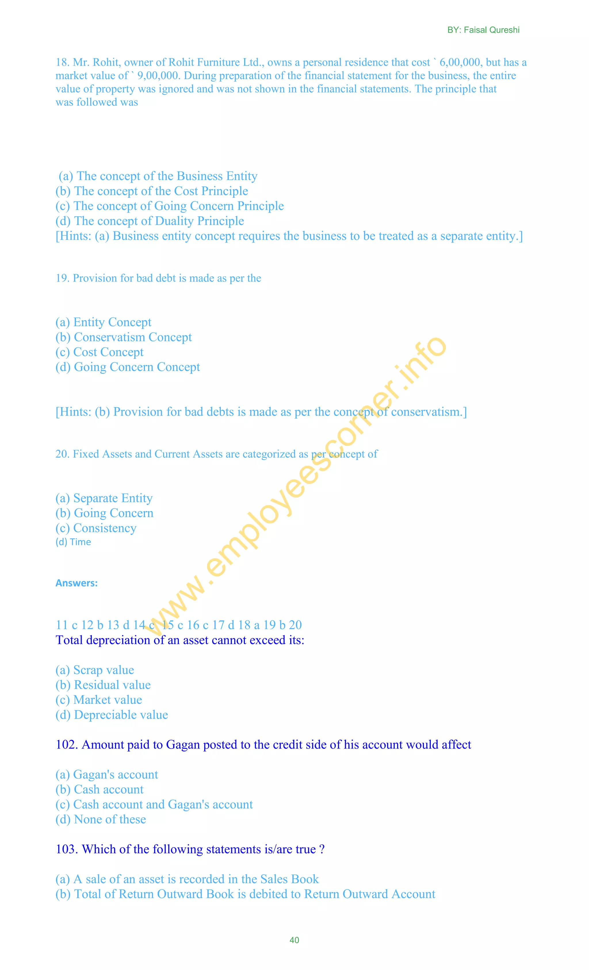 18. Mr. Rohit, owner of Rohit Furniture Ltd., owns a personal residence that cost ` 6,00,000, but has a
market value of ` 9,00,000. During preparation of the financial statement for the business, the entire
value of property was ignored and was not shown in the financial statements. The principle that
was followed was
(a) The concept of the Business Entity
(b) The concept of the Cost Principle
(c) The concept of Going Concern Principle
(d) The concept of Duality Principle
[Hints: (a) Business entity concept requires the business to be treated as a separate entity.]
19. Provision for bad debt is made as per the
(a) Entity Concept
(b) Conservatism Concept
(c) Cost Concept
(d) Going Concern Concept
[Hints: (b) Provision for bad debts is made as per the concept of conservatism.]
20. Fixed Assets and Current Assets are categorized as per concept of
(a) Separate Entity
(b) Going Concern
(c) Consistency
(d) Time
Answers:
11 c 12 b 13 d 14 c 15 c 16 c 17 d 18 a 19 b 20
Total depreciation of an asset cannot exceed its:
(a) Scrap value
(b) Residual value
(c) Market value
(d) Depreciable value
102. Amount paid to Gagan posted to the credit side of his account would affect
(a) Gagan's account
(b) Cash account
(c) Cash account and Gagan's account
(d) None of these
103. Which of the following statements is/are true ?
(a) A sale of an asset is recorded in the Sales Book
(b) Total of Return Outward Book is debited to Return Outward Account
BY: Faisal Qureshi
40
w
w
w
.em
ployeescorner.info
 