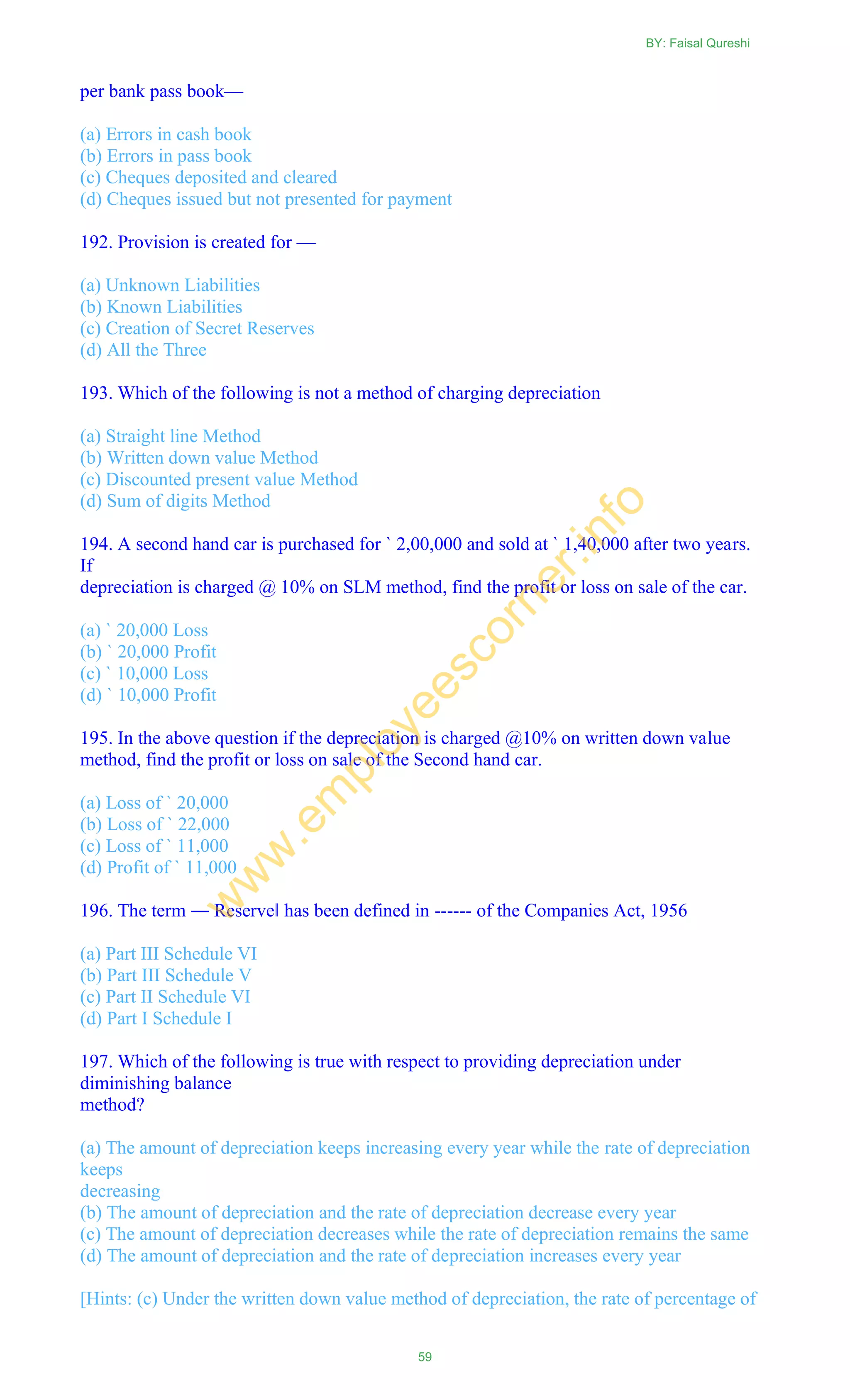per bank pass book—
(a) Errors in cash book
(b) Errors in pass book
(c) Cheques deposited and cleared
(d) Cheques issued but not presented for payment
192. Provision is created for —
(a) Unknown Liabilities
(b) Known Liabilities
(c) Creation of Secret Reserves
(d) All the Three
193. Which of the following is not a method of charging depreciation
(a) Straight line Method
(b) Written down value Method
(c) Discounted present value Method
(d) Sum of digits Method
194. A second hand car is purchased for ` 2,00,000 and sold at ` 1,40,000 after two years.
If
depreciation is charged @ 10% on SLM method, find the profit or loss on sale of the car.
(a) ` 20,000 Loss
(b) ` 20,000 Profit
(c) ` 10,000 Loss
(d) ` 10,000 Profit
195. In the above question if the depreciation is charged @10% on written down value
method, find the profit or loss on sale of the Second hand car.
(a) Loss of ` 20,000
(b) Loss of ` 22,000
(c) Loss of ` 11,000
(d) Profit of ` 11,000
196. The term ― Reserve‖ has been defined in ------ of the Companies Act, 1956
(a) Part III Schedule VI
(b) Part III Schedule V
(c) Part II Schedule VI
(d) Part I Schedule I
197. Which of the following is true with respect to providing depreciation under
diminishing balance
method?
(a) The amount of depreciation keeps increasing every year while the rate of depreciation
keeps
decreasing
(b) The amount of depreciation and the rate of depreciation decrease every year
(c) The amount of depreciation decreases while the rate of depreciation remains the same
(d) The amount of depreciation and the rate of depreciation increases every year
[Hints: (c) Under the written down value method of depreciation, the rate of percentage of
BY: Faisal Qureshi
59
w
w
w
.em
ployeescorner.info
 