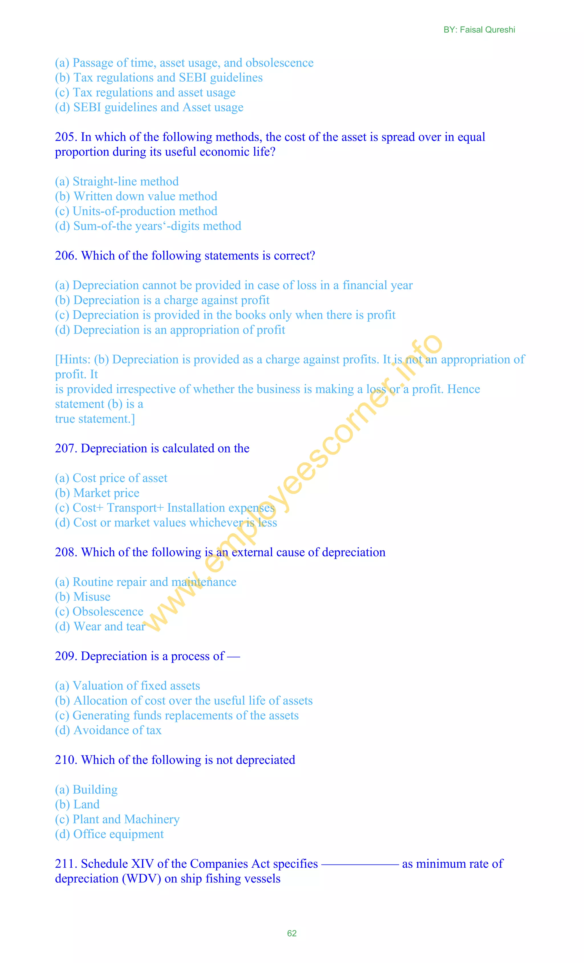 (a) Passage of time, asset usage, and obsolescence
(b) Tax regulations and SEBI guidelines
(c) Tax regulations and asset usage
(d) SEBI guidelines and Asset usage
205. In which of the following methods, the cost of the asset is spread over in equal
proportion during its useful economic life?
(a) Straight-line method
(b) Written down value method
(c) Units-of-production method
(d) Sum-of-the years‗-digits method
206. Which of the following statements is correct?
(a) Depreciation cannot be provided in case of loss in a financial year
(b) Depreciation is a charge against profit
(c) Depreciation is provided in the books only when there is profit
(d) Depreciation is an appropriation of profit
[Hints: (b) Depreciation is provided as a charge against profits. It is not an appropriation of
profit. It
is provided irrespective of whether the business is making a loss or a profit. Hence
statement (b) is a
true statement.]
207. Depreciation is calculated on the
(a) Cost price of asset
(b) Market price
(c) Cost+ Transport+ Installation expenses
(d) Cost or market values whichever is less
208. Which of the following is an external cause of depreciation
(a) Routine repair and maintenance
(b) Misuse
(c) Obsolescence
(d) Wear and tear
209. Depreciation is a process of —
(a) Valuation of fixed assets
(b) Allocation of cost over the useful life of assets
(c) Generating funds replacements of the assets
(d) Avoidance of tax
210. Which of the following is not depreciated
(a) Building
(b) Land
(c) Plant and Machinery
(d) Office equipment
211. Schedule XIV of the Companies Act specifies —————— as minimum rate of
depreciation (WDV) on ship fishing vessels
BY: Faisal Qureshi
62
w
w
w
.em
ployeescorner.info
 