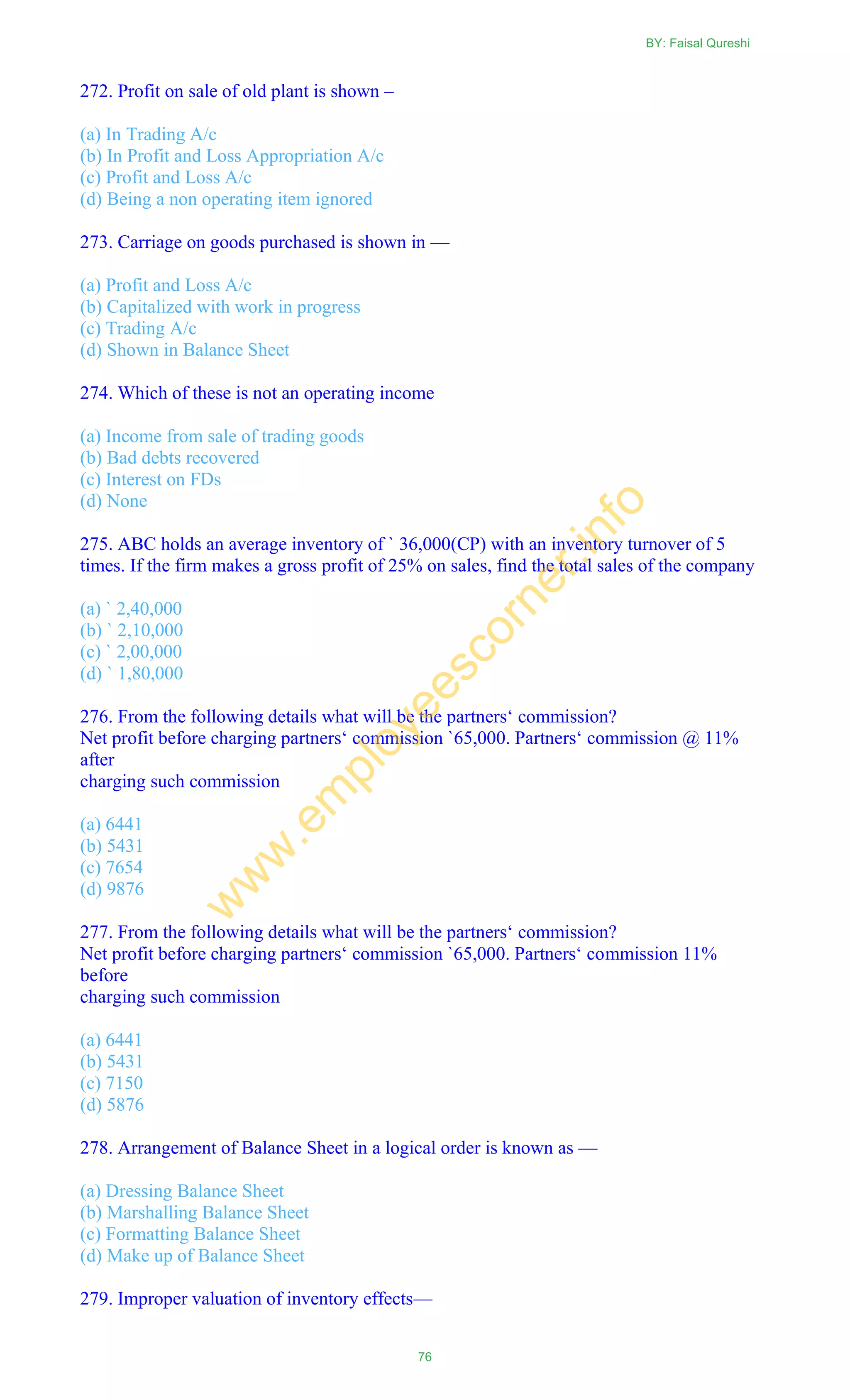 272. Profit on sale of old plant is shown –
(a) In Trading A/c
(b) In Profit and Loss Appropriation A/c
(c) Profit and Loss A/c
(d) Being a non operating item ignored
273. Carriage on goods purchased is shown in —
(a) Profit and Loss A/c
(b) Capitalized with work in progress
(c) Trading A/c
(d) Shown in Balance Sheet
274. Which of these is not an operating income
(a) Income from sale of trading goods
(b) Bad debts recovered
(c) Interest on FDs
(d) None
275. ABC holds an average inventory of ` 36,000(CP) with an inventory turnover of 5
times. If the firm makes a gross profit of 25% on sales, find the total sales of the company
(a) ` 2,40,000
(b) ` 2,10,000
(c) ` 2,00,000
(d) ` 1,80,000
276. From the following details what will be the partners‗ commission?
Net profit before charging partners‗ commission `65,000. Partners‗ commission @ 11%
after
charging such commission
(a) 6441
(b) 5431
(c) 7654
(d) 9876
277. From the following details what will be the partners‗ commission?
Net profit before charging partners‗ commission `65,000. Partners‗ commission 11%
before
charging such commission
(a) 6441
(b) 5431
(c) 7150
(d) 5876
278. Arrangement of Balance Sheet in a logical order is known as —
(a) Dressing Balance Sheet
(b) Marshalling Balance Sheet
(c) Formatting Balance Sheet
(d) Make up of Balance Sheet
279. Improper valuation of inventory effects—
BY: Faisal Qureshi
76
w
w
w
.em
ployeescorner.info
 
