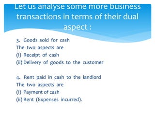 3. Goods sold for cash
The two aspects are
(i) Receipt of cash
(ii) Delivery of goods to the customer
4. Rent paid in cash to the landlord
The two aspects are
(i) Payment of cash
(ii) Rent (Expenses incurred).
Let us analyse some more business
transactions in terms of their dual
aspect :
 