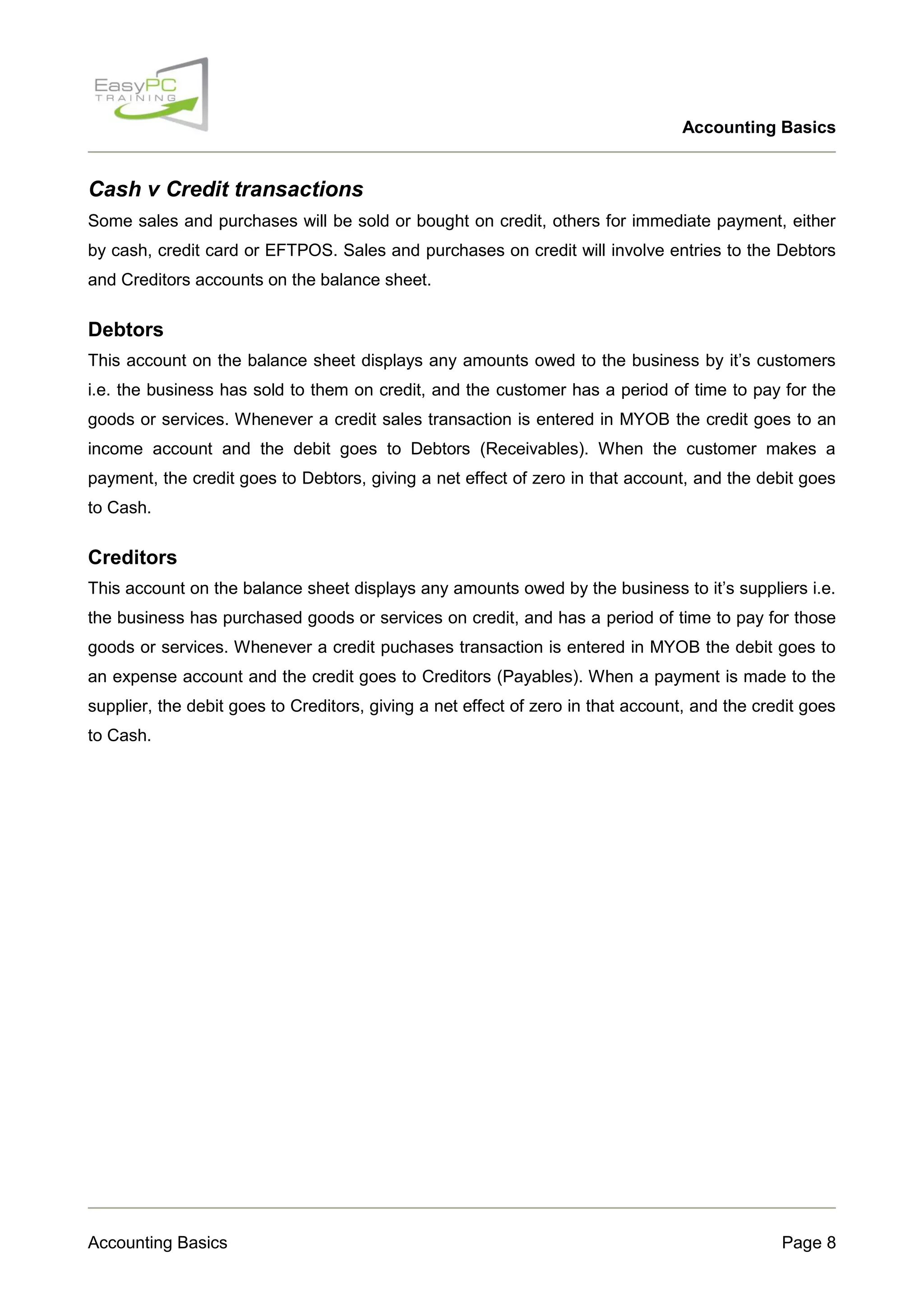 Accounting Basics

Cash v Credit transactions
Some sales and purchases will be sold or bought on credit, others for immediate payment, either
by cash, credit card or EFTPOS. Sales and purchases on credit will involve entries to the Debtors
and Creditors accounts on the balance sheet.

Debtors
This account on the balance sheet displays any amounts owed to the business by it‟s customers
i.e. the business has sold to them on credit, and the customer has a period of time to pay for the
goods or services. Whenever a credit sales transaction is entered in MYOB the credit goes to an
income account and the debit goes to Debtors (Receivables). When the customer makes a
payment, the credit goes to Debtors, giving a net effect of zero in that account, and the debit goes
to Cash.

Creditors
This account on the balance sheet displays any amounts owed by the business to it‟s suppliers i.e.
the business has purchased goods or services on credit, and has a period of time to pay for those
goods or services. Whenever a credit puchases transaction is entered in MYOB the debit goes to
an expense account and the credit goes to Creditors (Payables). When a payment is made to the
supplier, the debit goes to Creditors, giving a net effect of zero in that account, and the credit goes
to Cash.

Accounting Basics

Page 8

 