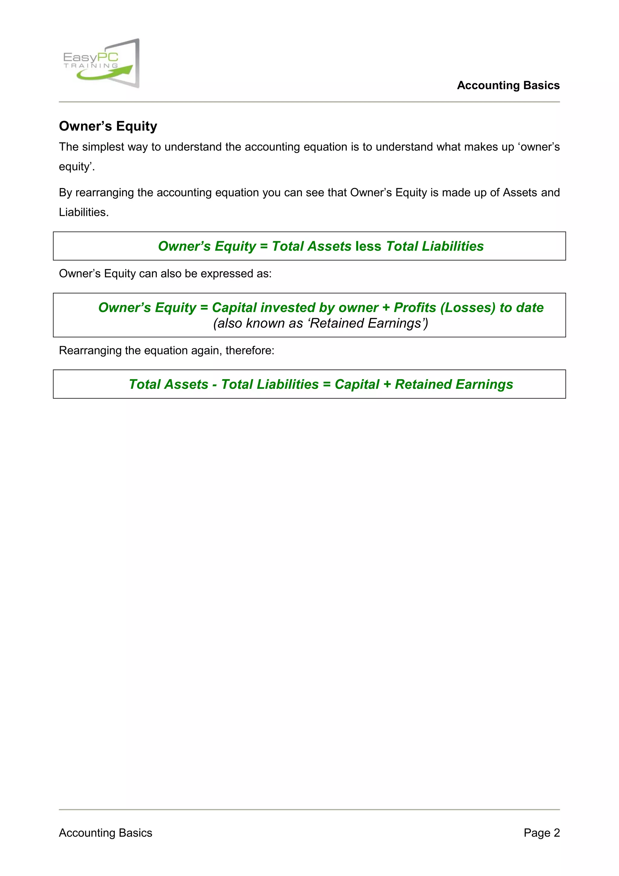 Accounting Basics

Owner’s Equity
The simplest way to understand the accounting equation is to understand what makes up „owner‟s
equity‟.
By rearranging the accounting equation you can see that Owner‟s Equity is made up of Assets and
Liabilities.

Owner’s Equity = Total Assets less Total Liabilities
Owner‟s Equity can also be expressed as:

Owner’s Equity = Capital invested by owner + Profits (Losses) to date
(also known as ‘Retained Earnings’)
Rearranging the equation again, therefore:

Total Assets - Total Liabilities = Capital + Retained Earnings

Accounting Basics

Page 2

 