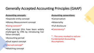 Generally Accepted Accounting Principles (GAAP)
Accounting concepts:
•Separate entity concept
•Money Measurement concept
•Going concern*
•Cost concept (this have been widely
challenged by IFRS by introducing Fair
Value concept)
•Accounting period
•Dual aspect concept
•Accrual concept*
•Matching concept
Accounting conventions:
•Conservatism
•Materiality
•Full disclosure
•Consistency*
* : The ones marked in red are
Fundamental Accounting
Assumptions.
 