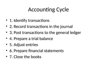 Accounting Cycle
• 1. Identify transactions
• 2. Record transactions in the journal
• 3. Post transactions to the general ledger
• 4. Prepare a trial balance
• 5. Adjust entries
• 6. Prepare financial statements
• 7. Close the books
 