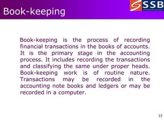 15
15
Book-keeping
Book-keeping is the process of recording
financial transactions in the books of accounts.
It is the primary stage in the accounting
process. It includes recording the transactions
and classifying the same under proper heads.
Book-keeping work is of routine nature.
Transactions may be recorded in the
accounting note books and ledgers or may be
recorded in a computer.
 