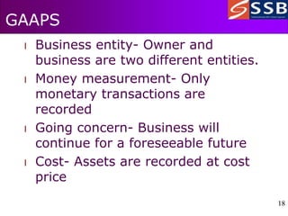 18
18
GAAPS
l Business entity- Owner and
business are two different entities.
l Money measurement- Only
monetary transactions are
recorded
l Going concern- Business will
continue for a foreseeable future
l Cost- Assets are recorded at cost
price
 