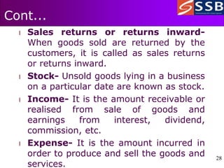 28
28
Cont...
l Sales returns or returns inward-
When goods sold are returned by the
customers, it is called as sales returns
or returns inward.
l Stock- Unsold goods lying in a business
on a particular date are known as stock.
l Income- It is the amount receivable or
realised from sale of goods and
earnings from interest, dividend,
commission, etc.
l Expense- It is the amount incurred in
order to produce and sell the goods and
services.
 