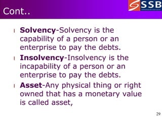 29
29
Cont..
l Solvency-Solvency is the
capability of a person or an
enterprise to pay the debts.
l Insolvency-Insolvency is the
incapability of a person or an
enterprise to pay the debts.
l Asset-Any physical thing or right
owned that has a monetary value
is called asset,
 