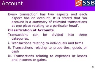 37
37
Account
Every transaction has two aspects and each
aspect has an account. It is stated that ‘an
account is a summary of relevant transactions
at one place relating to a particular head’.
Classification of Accounts
Transactions can be divided into three
categories.
i. Transactions relating to individuals and firms
ii. Transactions relating to properties, goods or
cash
iii. Transactions relating to expenses or losses
and incomes or gains.
 