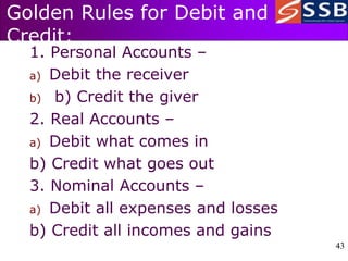 43
43
Golden Rules for Debit and
Credit:
1. Personal Accounts –
a) Debit the receiver
b) b) Credit the giver
2. Real Accounts –
a) Debit what comes in
b) Credit what goes out
3. Nominal Accounts –
a) Debit all expenses and losses
b) Credit all incomes and gains
 