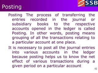 52
52
Posting
Posting The process of transferring the
entries recorded in the journal or
subsidiary books to the respective
accounts opened in the ledger is called
Posting. In other words, posting means
grouping of all the transactions relating to
a particular account at one place.
It is necessary to post all the journal entries
into various accounts in the ledger
because posting helps us to know the net
effect of various transactions during a
given period on a particular account
 