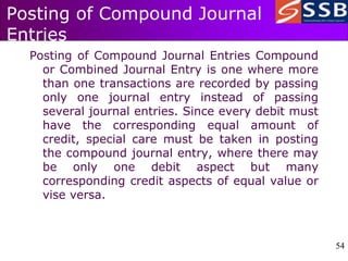 54
54
Posting of Compound Journal
Entries
Posting of Compound Journal Entries Compound
or Combined Journal Entry is one where more
than one transactions are recorded by passing
only one journal entry instead of passing
several journal entries. Since every debit must
have the corresponding equal amount of
credit, special care must be taken in posting
the compound journal entry, where there may
be only one debit aspect but many
corresponding credit aspects of equal value or
vise versa.
 