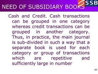 60
60
NEED OF SUBSIDIARY BOOKS
Cash and Credit. Cash transactions
can be grouped in one category
whereas credit transactions can be
grouped in another category.
Thus, in practice, the main journal
is sub-divided in such a way that a
separate book is used for each
category or group of transactions
which are repetitive and
sufficiently large in number
 