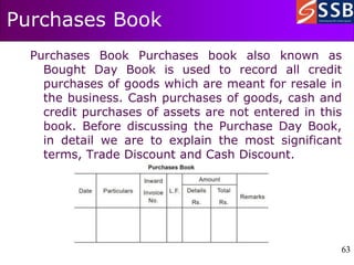 63
63
Purchases Book
Purchases Book Purchases book also known as
Bought Day Book is used to record all credit
purchases of goods which are meant for resale in
the business. Cash purchases of goods, cash and
credit purchases of assets are not entered in this
book. Before discussing the Purchase Day Book,
in detail we are to explain the most significant
terms, Trade Discount and Cash Discount.
 