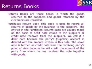 65
65
Returns Books
Returns Books are those books in which the goods
returned to the suppliers and goods returned by the
customers are recorded.
Purchases Return Book This book is used to record all
returns of goods by the business to the suppliers. The
entries in the Purchases Returns Book are usually made
on the basis of debit note issued to the suppliers or
credit note received from the suppliers. We call it a
debit note because the party’s (supplier) account is
debited with the amount written in this note. The same
note is termed as credit note from the receiving party’s
point of view because he will credit the account of the
party from whom he has received the note together
with goods.
 