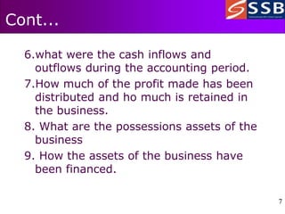 7
7
6.what were the cash inflows and
outflows during the accounting period.
7.How much of the profit made has been
distributed and ho much is retained in
the business.
8. What are the possessions assets of the
business
9. How the assets of the business have
been financed.
Cont...
 