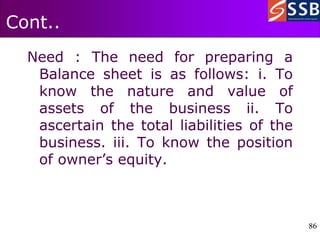 86
86
Cont..
Need : The need for preparing a
Balance sheet is as follows: i. To
know the nature and value of
assets of the business ii. To
ascertain the total liabilities of the
business. iii. To know the position
of owner’s equity.
 