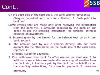 91
91
Cont..
On the debit side of the cash book, the bank column represents:
1. Cheques deposited into bank for collection. 2. Cash paid into
bank and
Some entries that are made only after receiving the information
from the bank viz., i. Amounts collected by the bank on our
behalf as per the standing instructions, for example, Interest
collected on investment.
ii. Interest given by the banker for the balance kept by us in our
bank account.
iii. The amount paid by our customers directly into our bank
account. On the other hand, on the credit side of the cash book,
represents:
Cheques issued for payment.
2. Cash withdrawn from bank for office use and personal use. 3. In
addition, some entries are made after receiving information from
the bank viz., i. Amounts paid by the bank on our behalf as per
the standing instructions, for example, payment of insurance
premium.
 