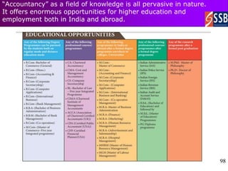 98
98
“Accountancy” as a field of knowledge is all pervasive in nature.
It offers enormous opportunities for higher education and
employment both in India and abroad.
 