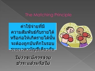 หลักเกณฑ์ที่ใช้ในการบันทึกบัญชี (ต่อ)The Matching Principleค่าใช้จ่ายที่มีความสัมพันธ์กับรายได้ หรือก่อให้เกิดรายได้นั้นจะต้องถูกบันทึกในรอบระยะเวลาบัญชีเดียวกันไม่ว่าจะมีการจ่ายชำระแล้วหรือไม่