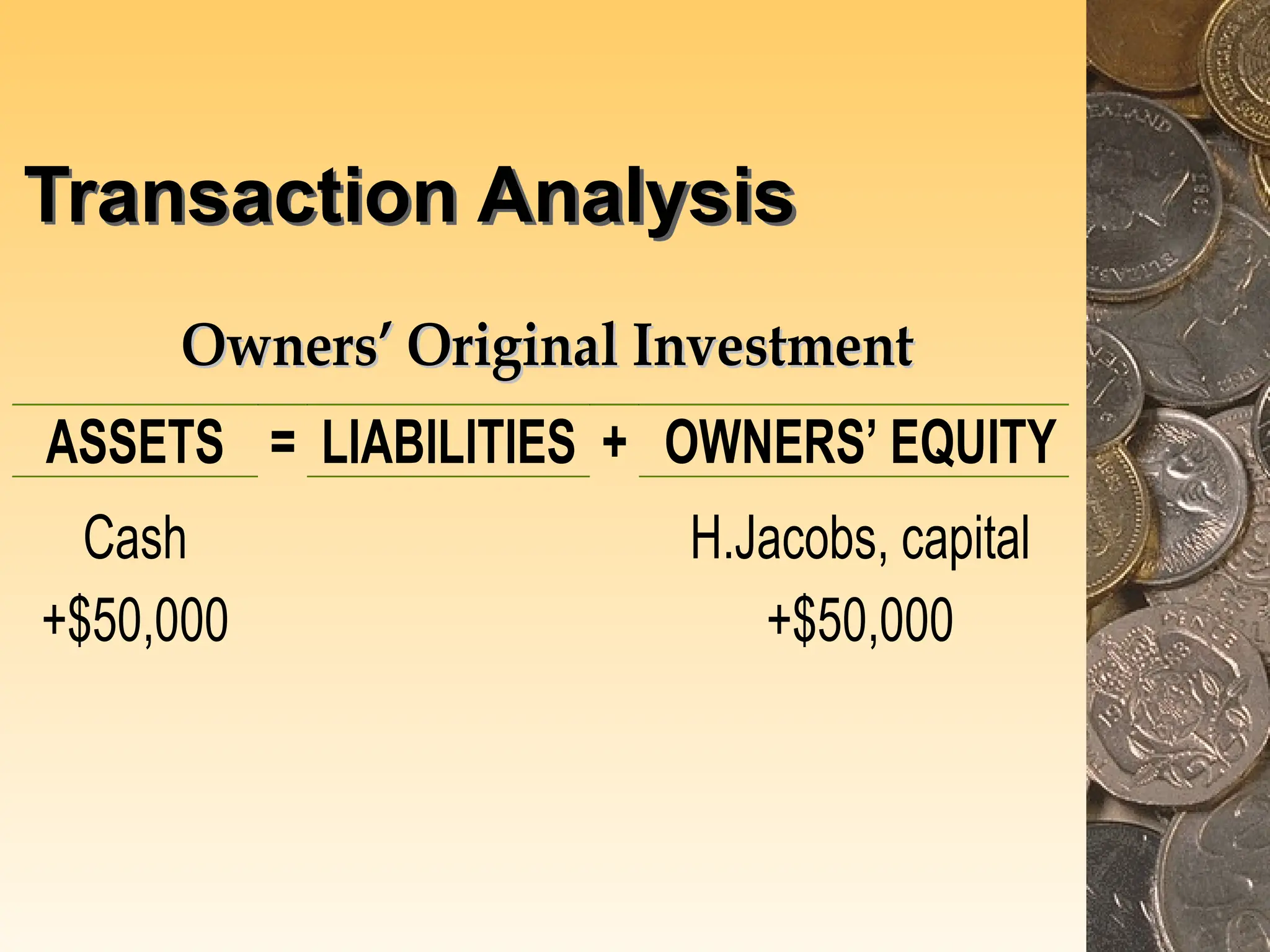 Transaction Analysis
O
Ow
wn
ne
er
rs
s’
’ O
Or
ri
ig
gi
in
na
al
l I
In
nv
ve
es
st
tm
me
en
nt
t
ASSETS = LIABILITIES + OWNERS’ EQUITY
Cash
+$50,000
H.Jacobs, capital
+$50,000
 