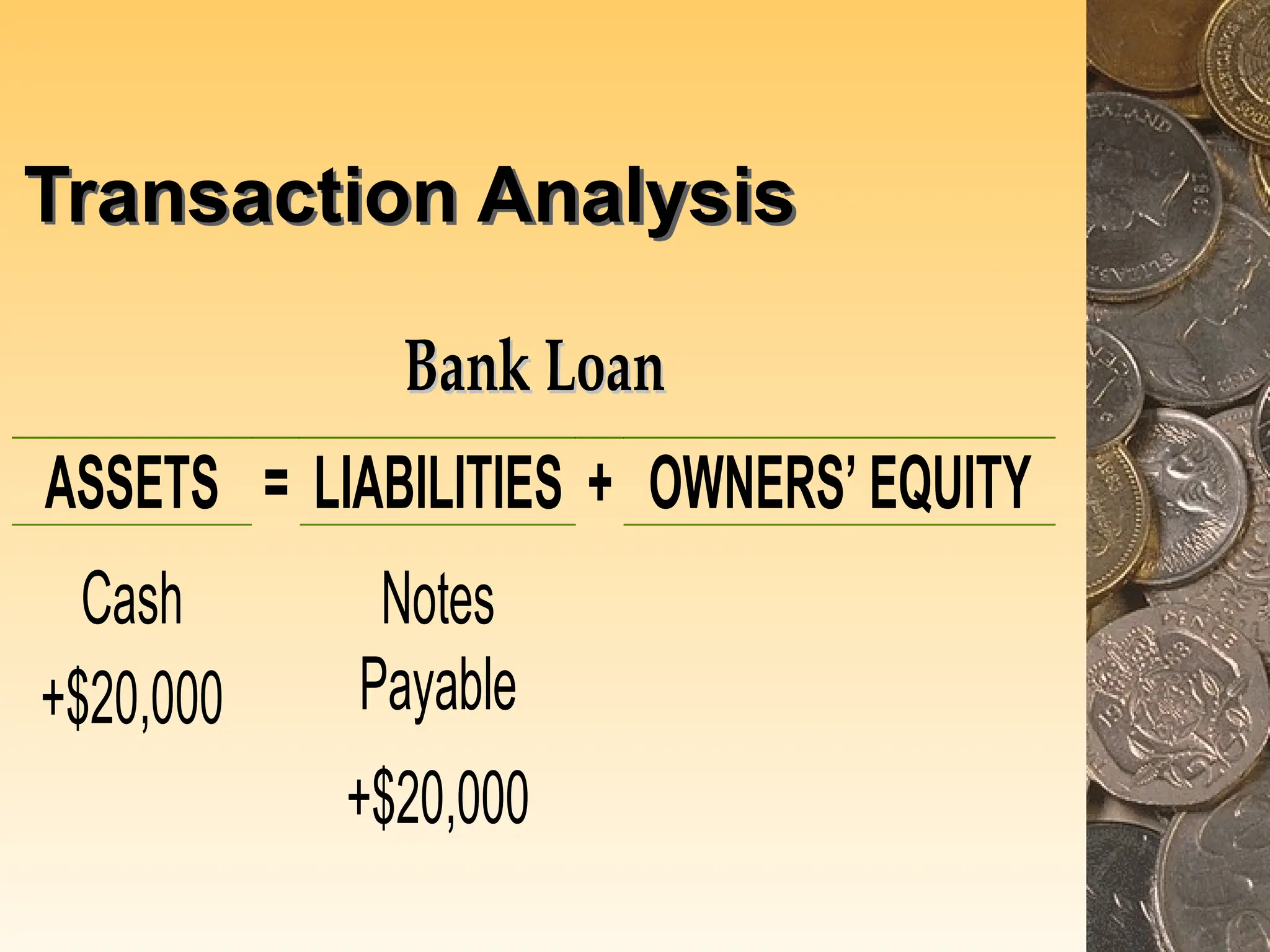 Transaction Analysis
B
Ba
an
nk
k L
Lo
oa
an
n
ASSETS = LIABILITIES + OWNERS’ EQUITY
Cash
+$20,000
Notes
Payable
+$20,000
 
