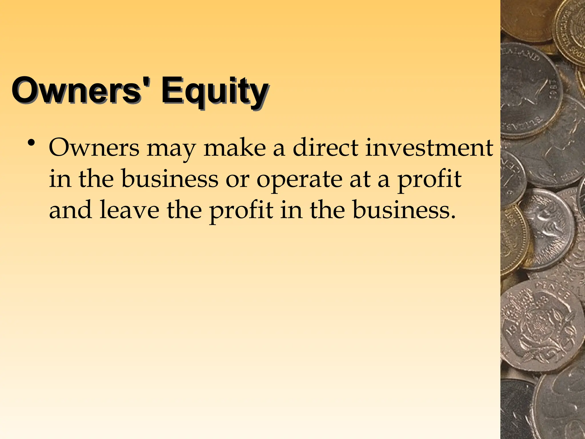Owners' Equity
• Owners may make a direct investment
in the business or operate at a profit
and leave the profit in the business.
 