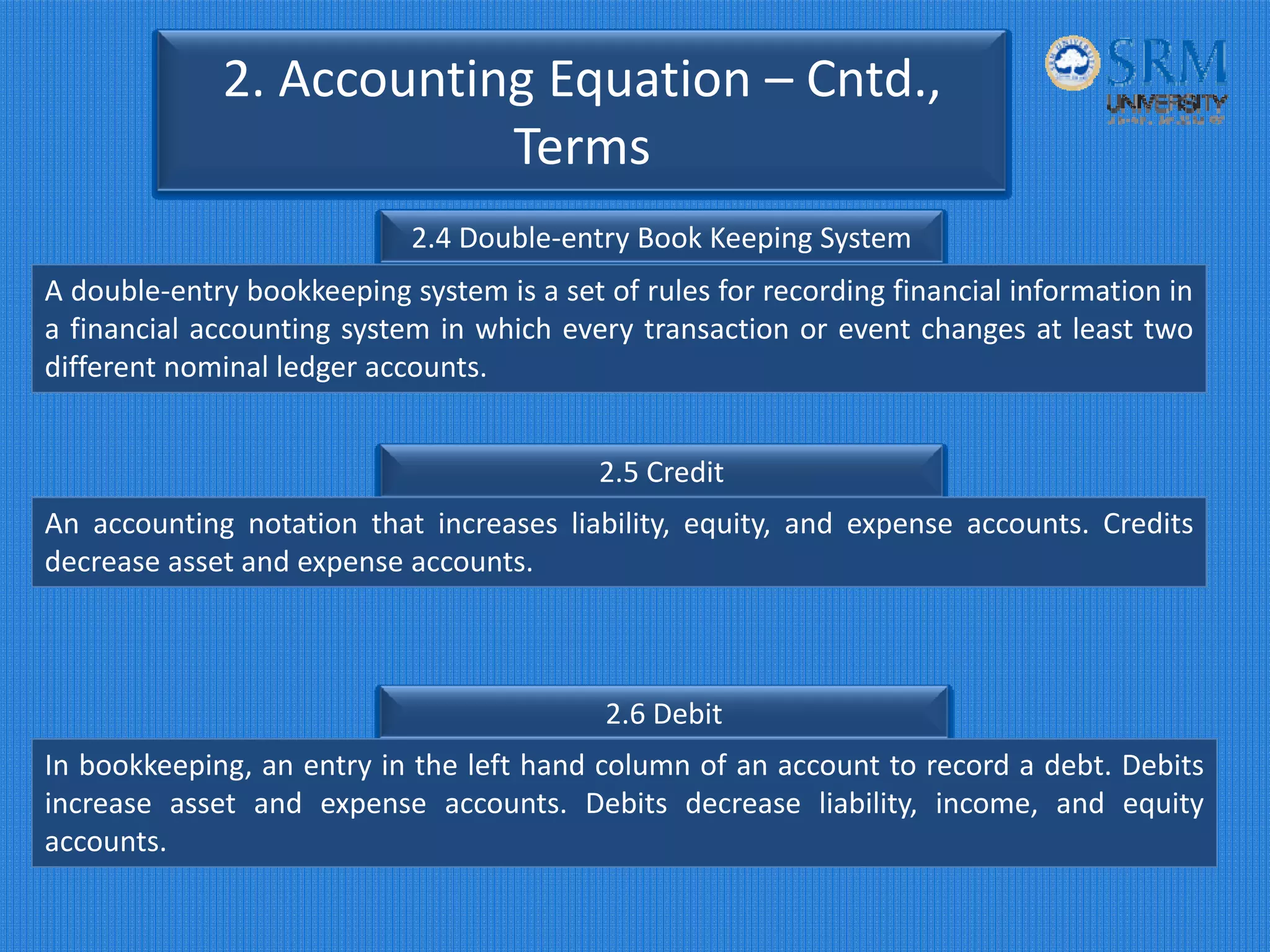 2. Accounting Equation – Cntd.,
Terms
2.4 Double‐entry Book Keeping System
A double‐entry bookkeeping system is a set of rules for recording financial information in
a financial accounting system in which every transaction or event changes at least two
different nominal ledger accounts.
2.5 Credit
An accounting notation that increases liability, equity, and expense accounts. Credits
decrease asset and expense accounts.
2.6 Debit
In bookkeeping, an entry in the left hand column of an account to record a debt. Debits
increase asset and expense accounts. Debits decrease liability, income, and equity
accounts.
 