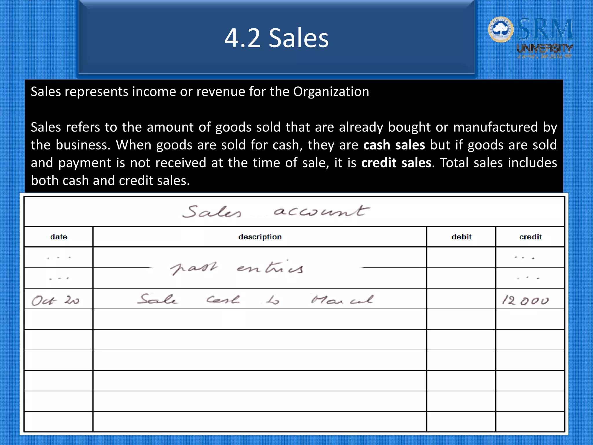 Sales represents income or revenue for the Organization
Sales refers to the amount of goods sold that are already bought or manufactured by
the business. When goods are sold for cash, they are cash sales but if goods are sold
and payment is not received at the time of sale, it is credit sales. Total sales includes
both cash and credit sales.
4.2 Sales
 