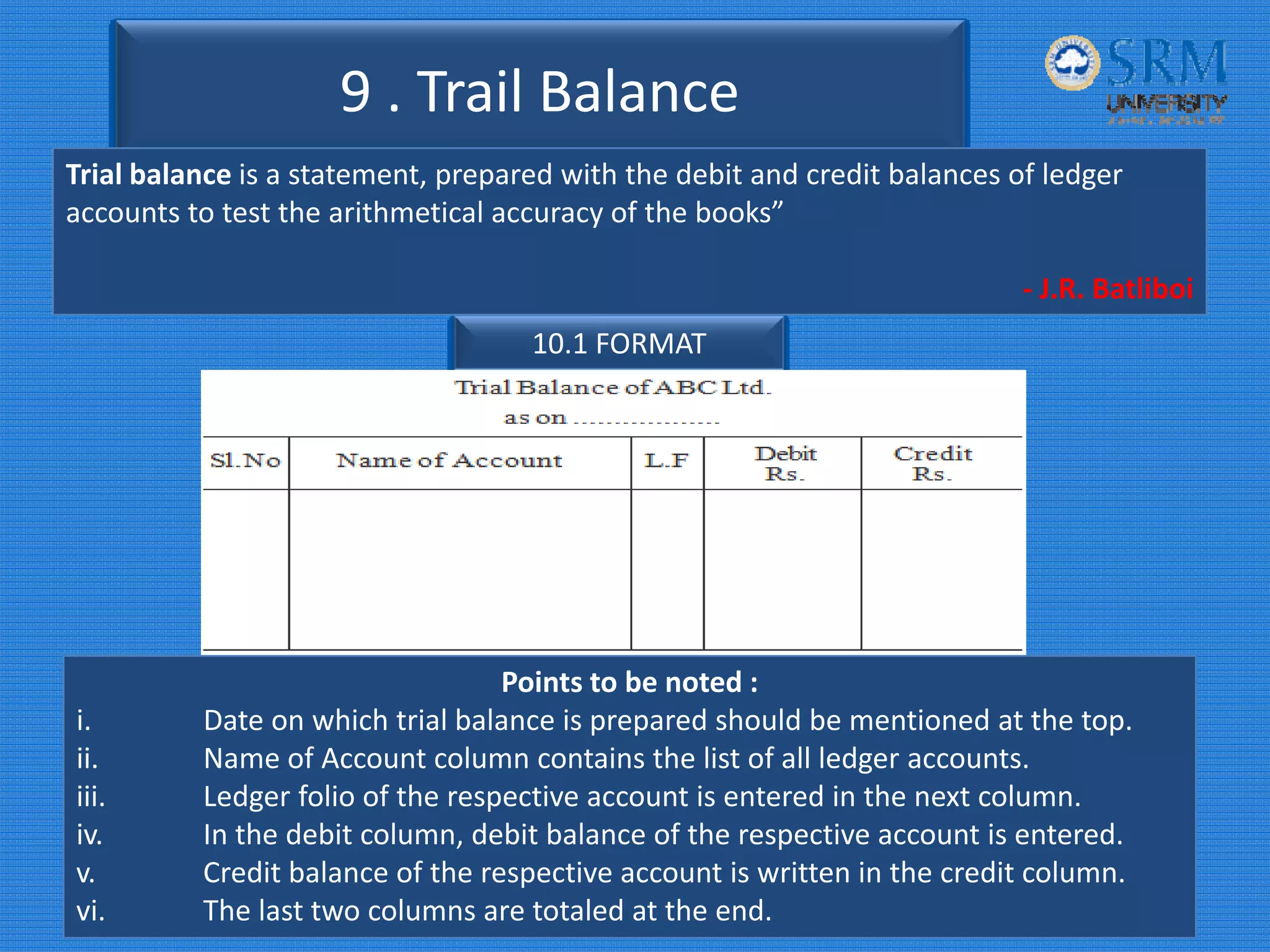9 . Trail Balance
Trial balance is a statement, prepared with the debit and credit balances of ledger 
accounts to test the arithmetical accuracy of the books”
‐ J.R. Batliboi    
10.1 FORMAT
Points to be noted :
i. Date on which trial balance is prepared should be mentioned at the top.
ii. Name of Account column contains the list of all ledger accounts.
iii. Ledger folio of the respective account is entered in the next column.
iv. In the debit column, debit balance of the respective account is entered.
v. Credit balance of the respective account is written in the credit column.
vi.    The last two columns are totaled at the end.
 