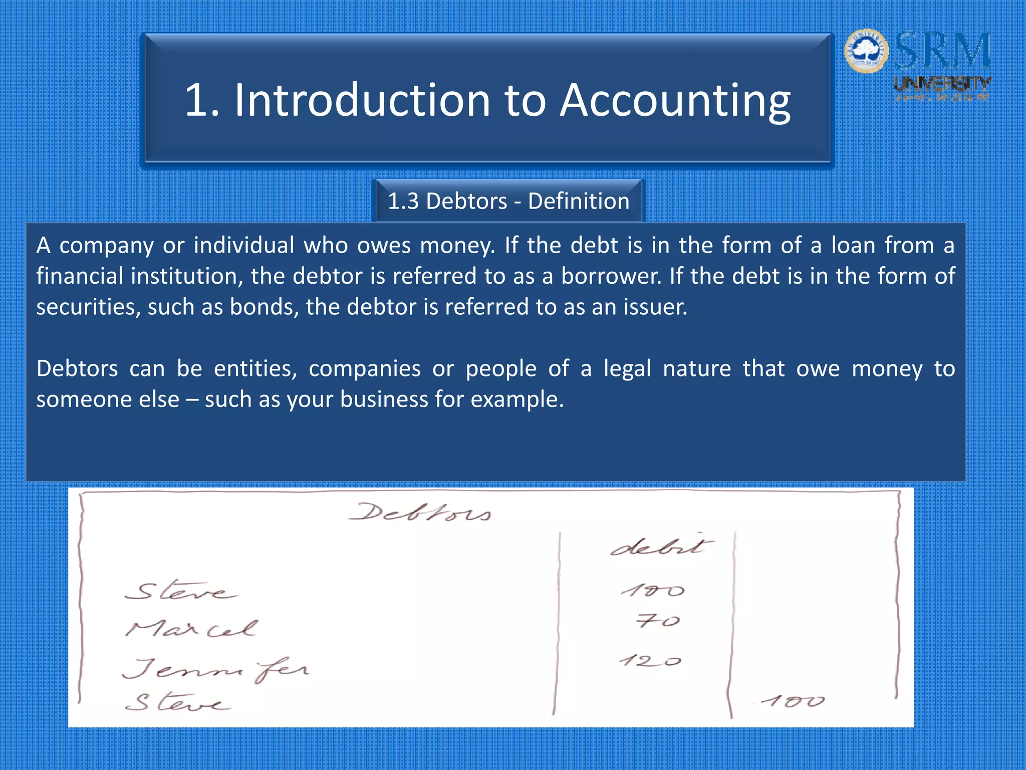 1. Introduction to Accounting
1.3 Debtors ‐ Definition
A company or individual who owes money. If the debt is in the form of a loan from a
financial institution, the debtor is referred to as a borrower. If the debt is in the form of
securities, such as bonds, the debtor is referred to as an issuer.
Debtors can be entities, companies or people of a legal nature that owe money to
someone else – such as your business for example.
 