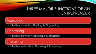 THREE MAJOR FUNCTIONS OF AN
ENTREPRENEUR
Managing
•It further includes; Staffing & Organizing

Controlling
•It further covers; Analysing & Motivating

Improving
•It further extends to Planning & Executing

 