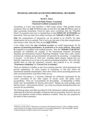 FINANCIAL AND COST ACCOUNTING PRINCIPLES – BY CHARTS
By
David C. Jones,
Chartered Public Finance Accountant
Chartered Certified Accountant (UK)
Accounting, as I have said elsewhere, is NOT rocket science. With possible limited
exceptions, there are only 14 different types of cash flow and only 28 different types of
other accounting transactions. Forty-two types cover everything! [See the “Churchill
Chart”] Accountants know how to marshal these so that COSTS OF ACTIVITIES are
determined. These are what I have called, elsewhere, the “OMAR’s CAR RUNS” costs.
Only this categorization of transactions can be claimed to be COSTS. No other
categorization can be so asserted. That is not to say that some of the other categorizations
may not have value. They do! They are just NOT COSTS.
I now further assert that only cost-based accounts are useful measurements for the
purposes of measuring performance, in production or in service delivery. These must
be computed in accordance with standard practices. Thus the “OMAR’s CAR RUNS”
principles are embodied, for example, in the International Financial Accounting
Standards and International Financial Reporting Standards. Under these codes, entities
(commercial, voluntary and governmental) will generally be accounting – or purporting
to account – on the basis of “total cost”, including capital charges. Indeed, they are,
typically, required to do so, by law or by national accounting institutions. This is the only
sensible basis of what has sometimes, currently, been referred to as, for example,
“Performance Budgeting” or “Current Cost Accounting”.
There are slideshows available, as part of my teaching materials, which demonstrate and
provide explanations, for entire systems of accounting, so that they follow the
international standards and principles. These show which current accounting practices are
fully cost-based and how to get there if they are not.
Cost-based Accounting is a necessary (although not sufficient) requirement for the
correct assessment of two other aspects of private sector and public sector
accountability1
. These are “Accountability for Stewardship – of Shareholder or Public
Funds” and “Accountability for Security and Control.” Indeed, one could, perhaps, assert
that this format – and extensions thereof – go a long way towards meeting these latter two
concerns for accountability.
The following charts and tables provided all of the information needed to prepare and to
understand all of the basic principles of financial and cost accounting. However, there are
much more detailed versions of these slideshows available. These are, also, prepared by
the author of these summaries.
1
Reference can be made to “Municipal Accounting for Developing Countries”. This is a 900pp textbook,
written entirely by the author of this presentation. It was jointly published by “The World Bank” and the
“Chartered Institute of Public Finance and Accountancy” (UK).
1
 