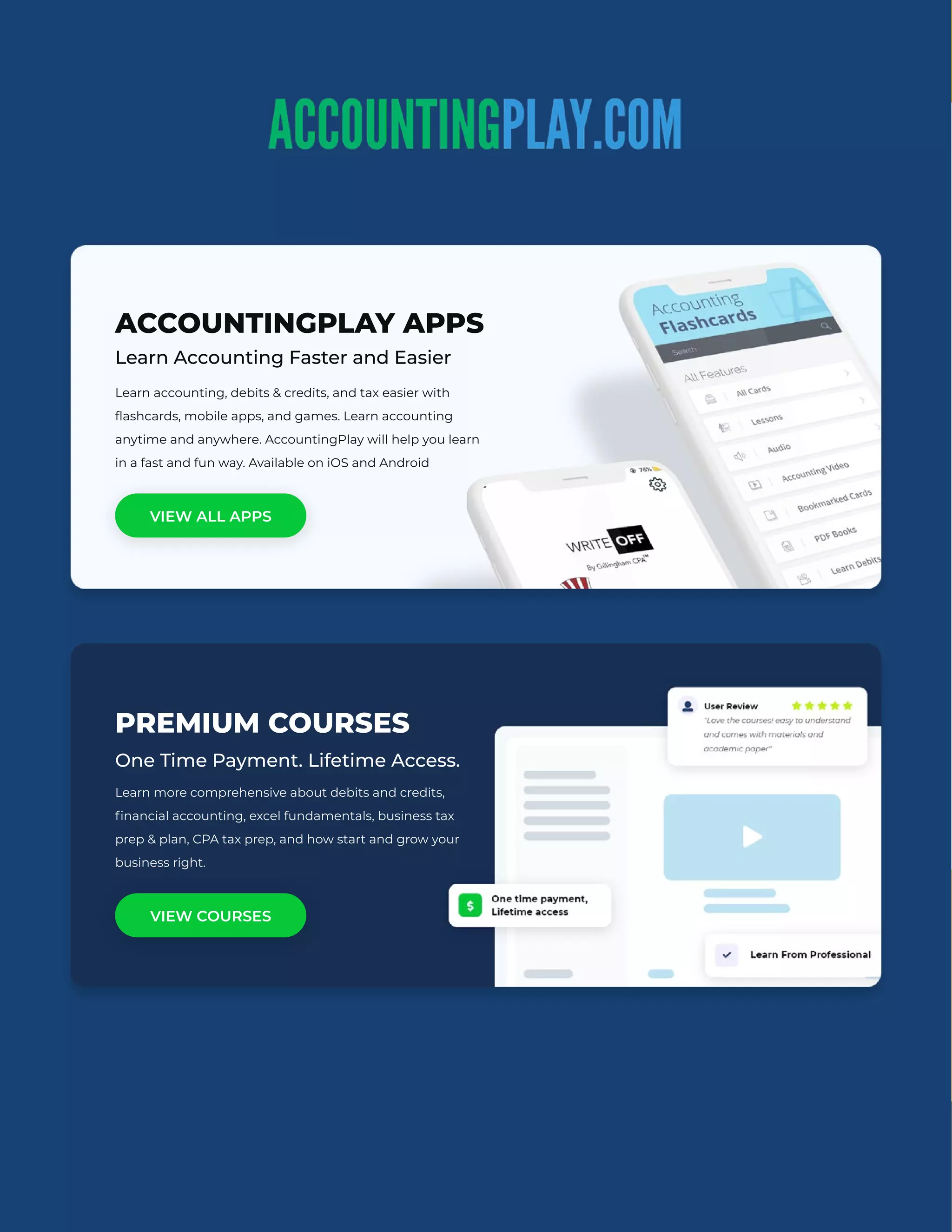 Accounting Cheat Sheet
by John Gillingham, CPA All Rights Reserved
AccountingPlay.com
Apps | Downloads | Books
ACCOUNTINGPLAY APPS
PREMIUM COURSES
Learn Accounting Faster and Easier
One Time Payment. Lifetime Access.
Learn accounting, debits & credits, and tax easier with
flashcards, mobile apps, and games. Learn accounting
anytime and anywhere. AccountingPlay will help you learn
in a fast and fun way. Available on iOS and Android
Learn more comprehensive about debits and credits,
financial accounting, excel fundamentals, business tax
prep & plan, CPA tax prep, and how start and grow your
business right.
VIEW ALL APPS
VIEW COURSES
 