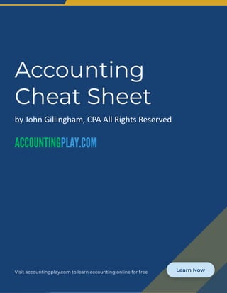 Accounting Cheat Sheet
by John Gillingham, CPA All Rights Reserved
AccountingPlay.com
Apps | Downloads | Books
Accounting
Cheat Sheet
by John Gillingham, CPA All Rights Reserved
Visit accountingplay.com to learn accounting online for free Learn Now
 