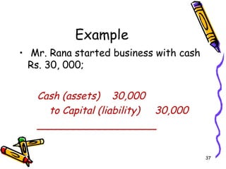 Example
• Mr. Rana started business with cash
Rs. 30, 000;
Cash (assets) 30,000
to Capital (liability) 30,000
___________________
37
 