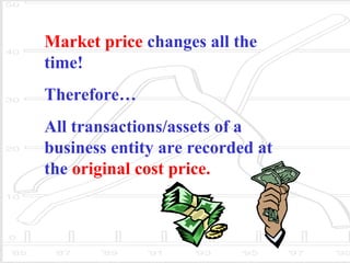 Market price changes all the
time!
Therefore…
All transactions/assets of a
business entity are recorded at
the original cost price.
 