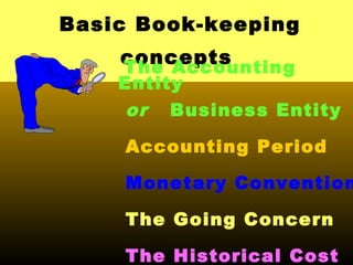 Basic Book-keeping
conceptsThe Accounting
Entity
or Business Entity
Accounting Period
Monetary Convention
The Going Concern
The Historical Cost
 